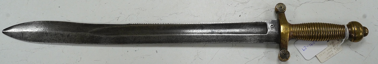 An 1847 Russian pioneer short sword, based on the French 1831 Gladius, with saw back edge, blade 48cm. Condition - good